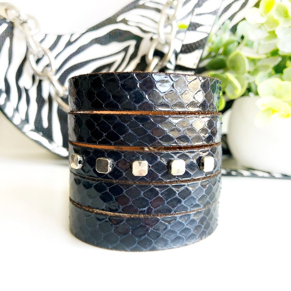 MishaGirl Handmade Navy Blue Snakeskin Cuff Bracelet, Silver Beads